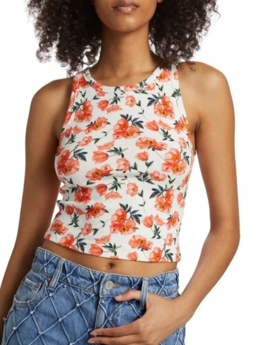 Alice + Olivia Allen Floral Rib Knit Cropped Tank Falling For You Off White Sz S